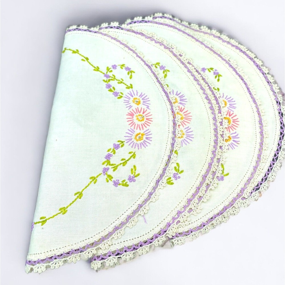 Set 4 Vtg Hand Embroidered Floral Daisy Doilies Crocheted Edge Purple 11"x10"